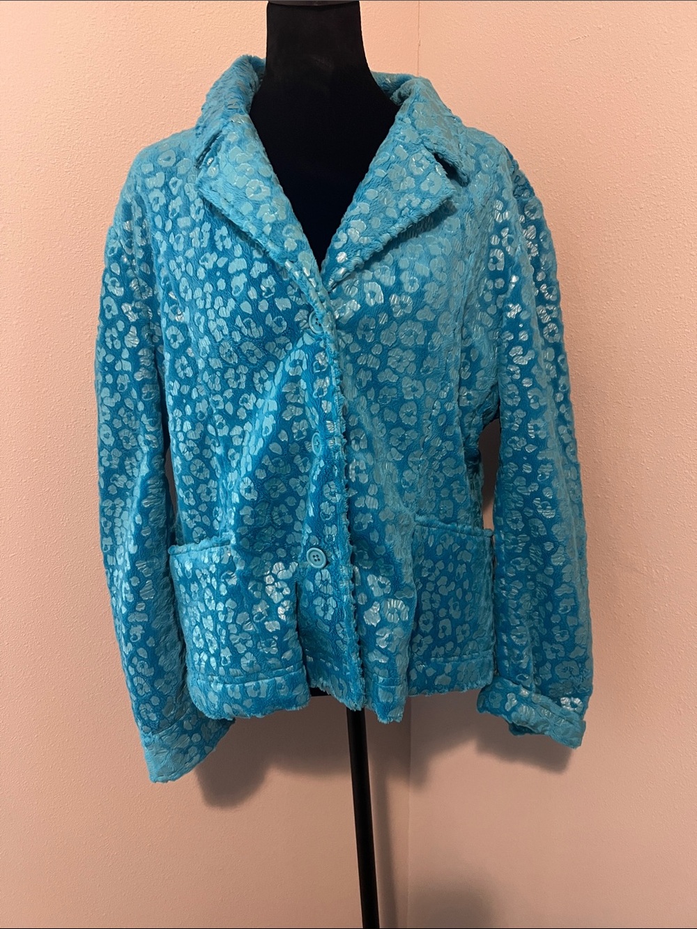 Turquoise Leopard-Print Teddy Jacket - Women